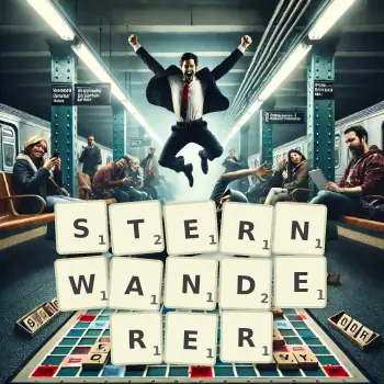 Kreative Illustration für ein Scrabble-Spiel, bei dem das Wort STERNWANDERER mit Steinen auf dem Brett gelegt wurde.