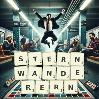 Kreative Illustration für ein Scrabble-Spiel, bei dem das Wort STERNWANDERERN mit Steinen auf dem Brett gelegt wurde.