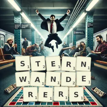 Kreative Illustration für ein Scrabble-Spiel, bei dem das Wort STERNWANDERERS mit Steinen auf dem Brett gelegt wurde.
