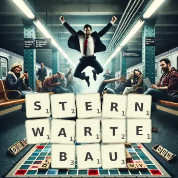 Kreative Illustration für ein Scrabble-Spiel, bei dem das Wort STERNWARTEBAU mit Steinen auf dem Brett gelegt wurde.