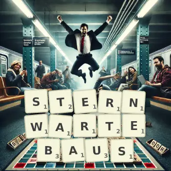 Kreative Illustration für ein Scrabble-Spiel, bei dem das Wort STERNWARTEBAUS mit Steinen auf dem Brett gelegt wurde.
