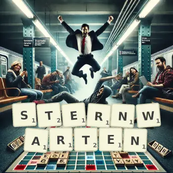 Kreative Illustration für ein Scrabble-Spiel, bei dem das Wort STERNWARTEN mit Steinen auf dem Brett gelegt wurde.