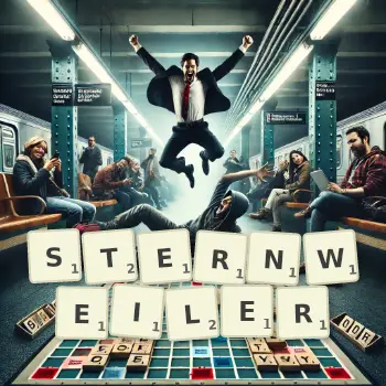 Kreative Illustration für ein Scrabble-Spiel, bei dem das Wort STERNWEILER mit Steinen auf dem Brett gelegt wurde.