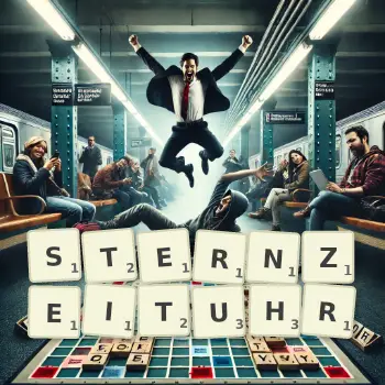 Kreative Illustration für ein Scrabble-Spiel, bei dem das Wort STERNZEITUHR mit Steinen auf dem Brett gelegt wurde.
