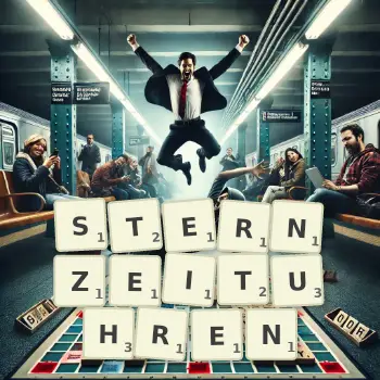 Kreative Illustration für ein Scrabble-Spiel, bei dem das Wort STERNZEITUHREN mit Steinen auf dem Brett gelegt wurde.