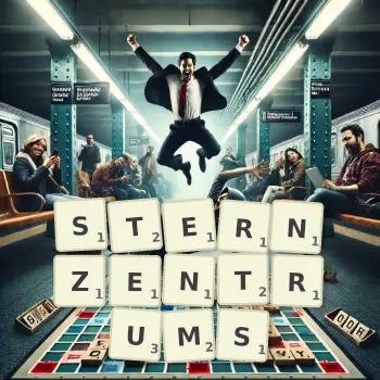 Kreative Illustration für ein Scrabble-Spiel, bei dem das Wort STERNZENTRUMS mit Steinen auf dem Brett gelegt wurde.