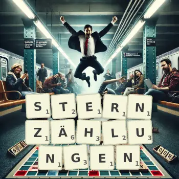 Kreative Illustration für ein Scrabble-Spiel, bei dem das Wort STERNZÄHLUNGEN mit Steinen auf dem Brett gelegt wurde.