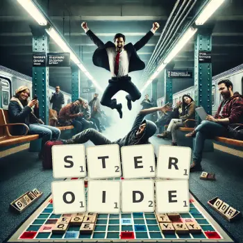 Kreative Illustration für ein Scrabble-Spiel, bei dem das Wort STEROIDE mit Steinen auf dem Brett gelegt wurde.