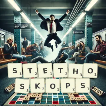 Kreative Illustration für ein Scrabble-Spiel, bei dem das Wort STETHOSKOPS mit Steinen auf dem Brett gelegt wurde.