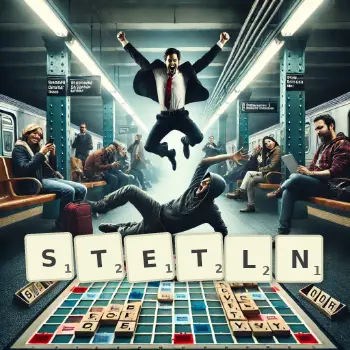 Kreative Illustration für ein Scrabble-Spiel, bei dem das Wort STETLN mit Steinen auf dem Brett gelegt wurde.