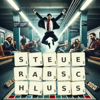 Kreative Illustration für ein Scrabble-Spiel, bei dem das Wort STEUERABSCHLUSS mit Steinen auf dem Brett gelegt wurde.