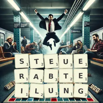 Kreative Illustration für ein Scrabble-Spiel, bei dem das Wort STEUERABTEILUNG mit Steinen auf dem Brett gelegt wurde.
