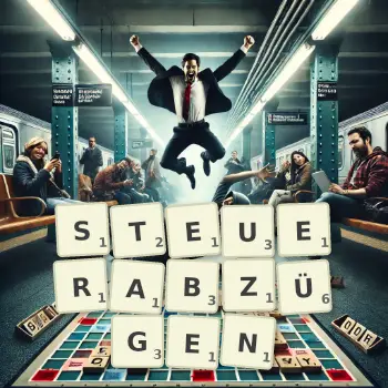 Kreative Illustration für ein Scrabble-Spiel, bei dem das Wort STEUERABZÜGEN mit Steinen auf dem Brett gelegt wurde.