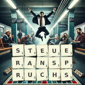 Kreative Illustration für ein Scrabble-Spiel, bei dem das Wort STEUERANSPRUCHS mit Steinen auf dem Brett gelegt wurde.