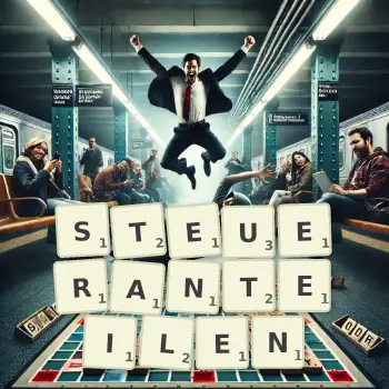 Kreative Illustration für ein Scrabble-Spiel, bei dem das Wort STEUERANTEILEN mit Steinen auf dem Brett gelegt wurde.