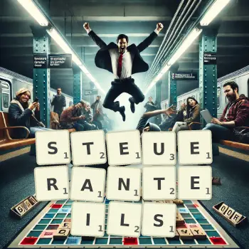 Kreative Illustration für ein Scrabble-Spiel, bei dem das Wort STEUERANTEILS mit Steinen auf dem Brett gelegt wurde.