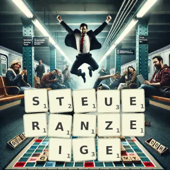 Kreative Illustration für ein Scrabble-Spiel, bei dem das Wort STEUERANZEIGE mit Steinen auf dem Brett gelegt wurde.