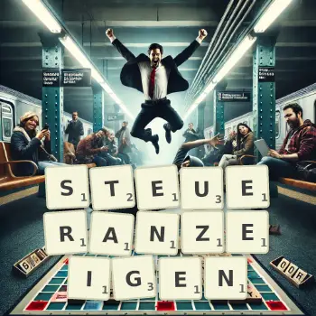 Kreative Illustration für ein Scrabble-Spiel, bei dem das Wort STEUERANZEIGEN mit Steinen auf dem Brett gelegt wurde.