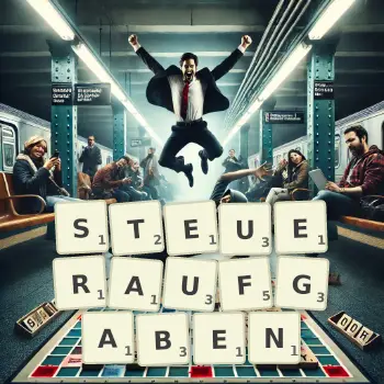 Kreative Illustration für ein Scrabble-Spiel, bei dem das Wort STEUERAUFGABEN mit Steinen auf dem Brett gelegt wurde.