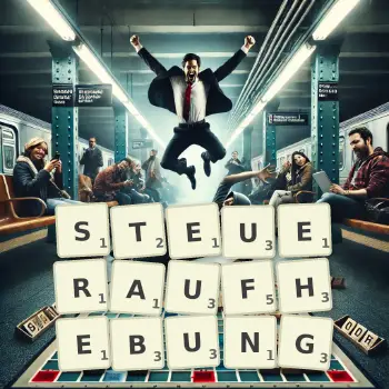Kreative Illustration für ein Scrabble-Spiel, bei dem das Wort STEUERAUFHEBUNG mit Steinen auf dem Brett gelegt wurde.
