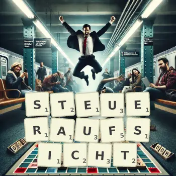 Kreative Illustration für ein Scrabble-Spiel, bei dem das Wort STEUERAUFSICHT mit Steinen auf dem Brett gelegt wurde.