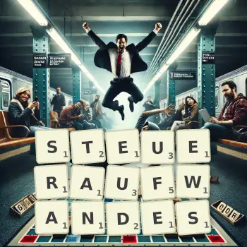 Kreative Illustration für ein Scrabble-Spiel, bei dem das Wort STEUERAUFWANDES mit Steinen auf dem Brett gelegt wurde.