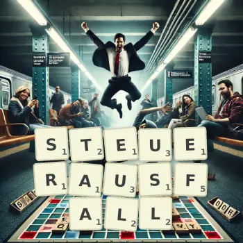 Kreative Illustration für ein Scrabble-Spiel, bei dem das Wort STEUERAUSFALL mit Steinen auf dem Brett gelegt wurde.