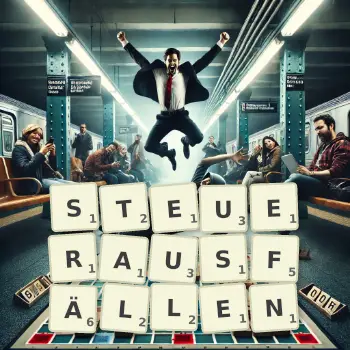 Kreative Illustration für ein Scrabble-Spiel, bei dem das Wort STEUERAUSFÄLLEN mit Steinen auf dem Brett gelegt wurde.