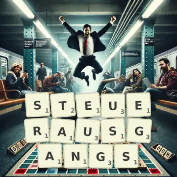 Kreative Illustration für ein Scrabble-Spiel, bei dem das Wort STEUERAUSGANGS mit Steinen auf dem Brett gelegt wurde.