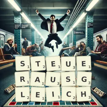Kreative Illustration für ein Scrabble-Spiel, bei dem das Wort STEUERAUSGLEICH mit Steinen auf dem Brett gelegt wurde.
