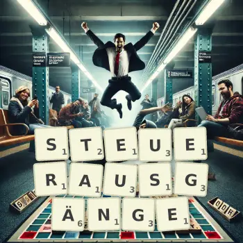 Kreative Illustration für ein Scrabble-Spiel, bei dem das Wort STEUERAUSGÄNGE mit Steinen auf dem Brett gelegt wurde.