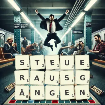 Kreative Illustration für ein Scrabble-Spiel, bei dem das Wort STEUERAUSGÄNGEN mit Steinen auf dem Brett gelegt wurde.
