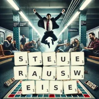 Kreative Illustration für ein Scrabble-Spiel, bei dem das Wort STEUERAUSWEISE mit Steinen auf dem Brett gelegt wurde.