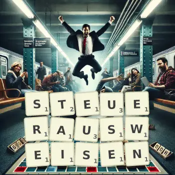 Kreative Illustration für ein Scrabble-Spiel, bei dem das Wort STEUERAUSWEISEN mit Steinen auf dem Brett gelegt wurde.