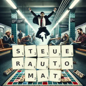 Kreative Illustration für ein Scrabble-Spiel, bei dem das Wort STEUERAUTOMAT mit Steinen auf dem Brett gelegt wurde.