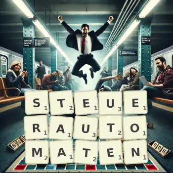 Kreative Illustration für ein Scrabble-Spiel, bei dem das Wort STEUERAUTOMATEN mit Steinen auf dem Brett gelegt wurde.