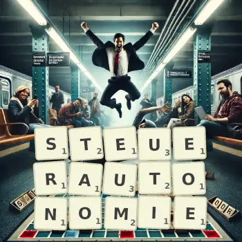 Kreative Illustration für ein Scrabble-Spiel, bei dem das Wort STEUERAUTONOMIE mit Steinen auf dem Brett gelegt wurde.