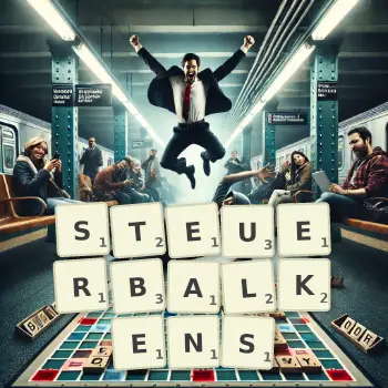 Kreative Illustration für ein Scrabble-Spiel, bei dem das Wort STEUERBALKENS mit Steinen auf dem Brett gelegt wurde.