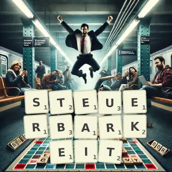 Kreative Illustration für ein Scrabble-Spiel, bei dem das Wort STEUERBARKEIT mit Steinen auf dem Brett gelegt wurde.
