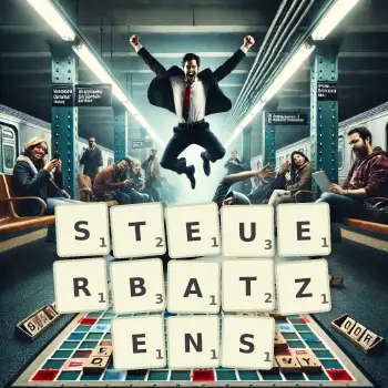 Kreative Illustration für ein Scrabble-Spiel, bei dem das Wort STEUERBATZENS mit Steinen auf dem Brett gelegt wurde.