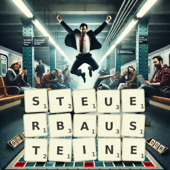 Kreative Illustration für ein Scrabble-Spiel, bei dem das Wort STEUERBAUSTEINE mit Steinen auf dem Brett gelegt wurde.