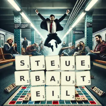 Kreative Illustration für ein Scrabble-Spiel, bei dem das Wort STEUERBAUTEIL mit Steinen auf dem Brett gelegt wurde.