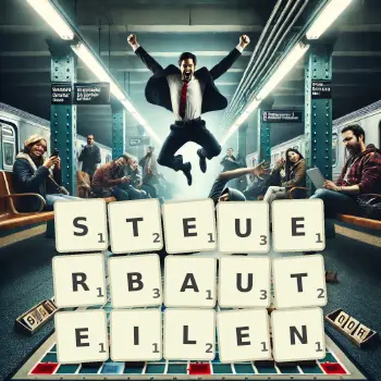Kreative Illustration für ein Scrabble-Spiel, bei dem das Wort STEUERBAUTEILEN mit Steinen auf dem Brett gelegt wurde.