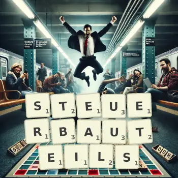 Kreative Illustration für ein Scrabble-Spiel, bei dem das Wort STEUERBAUTEILS mit Steinen auf dem Brett gelegt wurde.