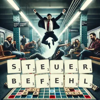 Kreative Illustration für ein Scrabble-Spiel, bei dem das Wort STEUERBEFEHL mit Steinen auf dem Brett gelegt wurde.