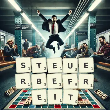Kreative Illustration für ein Scrabble-Spiel, bei dem das Wort STEUERBEFREIT mit Steinen auf dem Brett gelegt wurde.