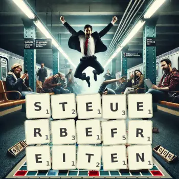 Kreative Illustration für ein Scrabble-Spiel, bei dem das Wort STEUERBEFREITEN mit Steinen auf dem Brett gelegt wurde.