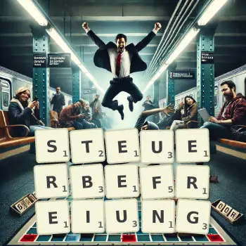 Kreative Illustration für ein Scrabble-Spiel, bei dem das Wort STEUERBEFREIUNG mit Steinen auf dem Brett gelegt wurde.