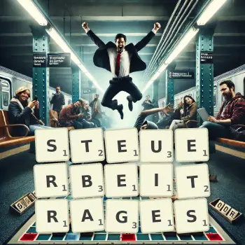 Kreative Illustration für ein Scrabble-Spiel, bei dem das Wort STEUERBEITRAGES mit Steinen auf dem Brett gelegt wurde.