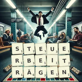 Kreative Illustration für ein Scrabble-Spiel, bei dem das Wort STEUERBEITRÄGEN mit Steinen auf dem Brett gelegt wurde.